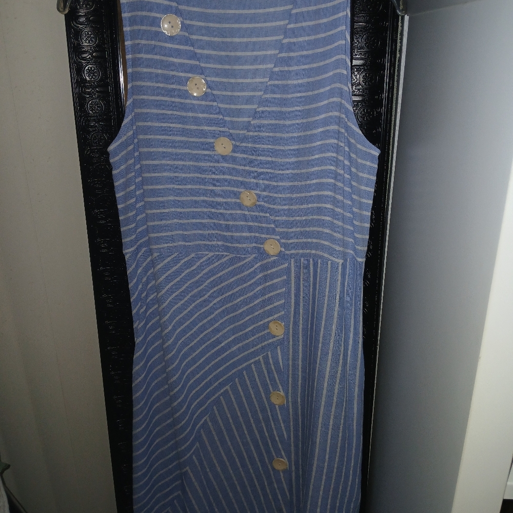 White & Blue 100% cotton V neck dress